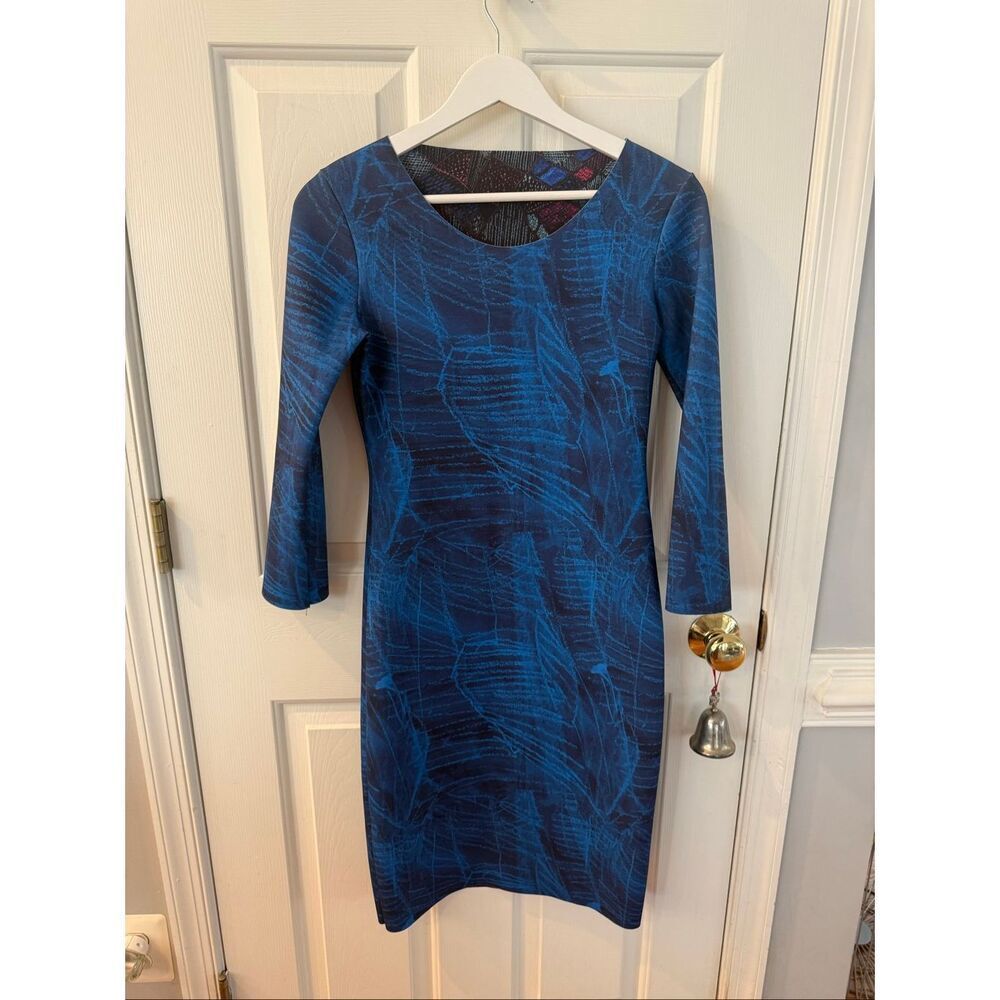 Animapop Blue Reversible Print 3/4 Sleeve Scuba Sheath Dress sz ST EUC